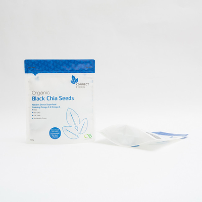 500g Mat PET Stand Up Plastik Torbalar 123um Siyah Chia Tohumları Ambalajı
